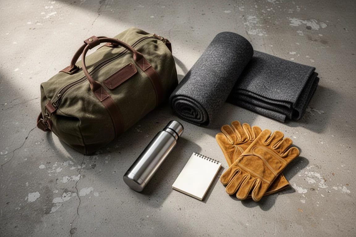 Arranjo flat-lay de bolsa duffel de lona, cobertor de lã, garrafa térmica, luvas de trabalho e caderno sobre concreto