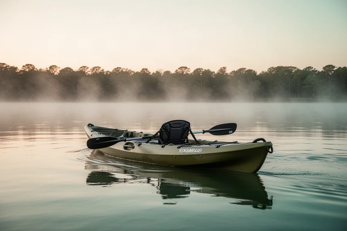 Caiaque de pesca sit-on-top com remo em água calma e enevoada ao nascer do sol