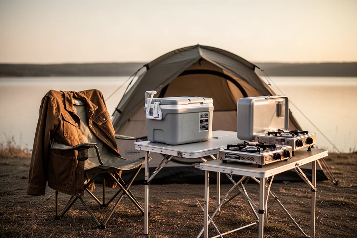 Cena de acampamento à beira do lago com cooler, fogareiro e jaqueta de lona na hora dourada