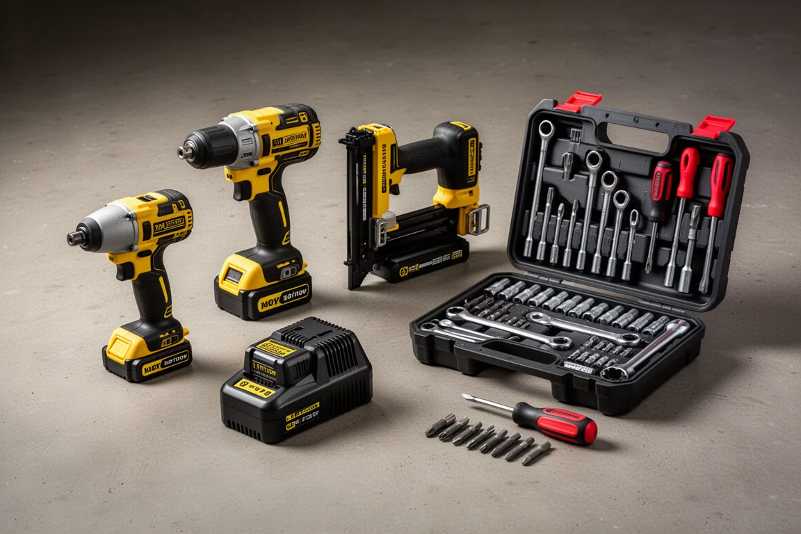 Assorted cordless power tools and accessories arranged on a concrete workshop floor