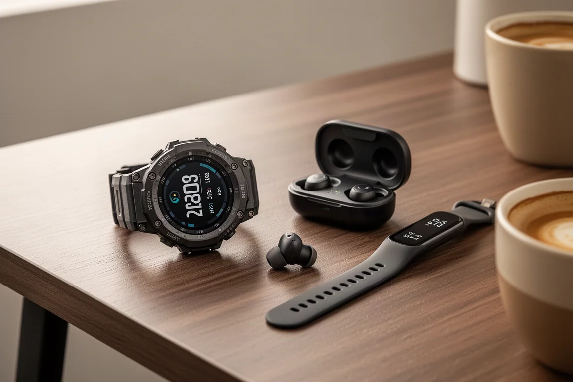 Smartwatch, bezprzewodowe słuchawki douszne i opaska fitness na drewnianym biurku obok filiżanki kawy