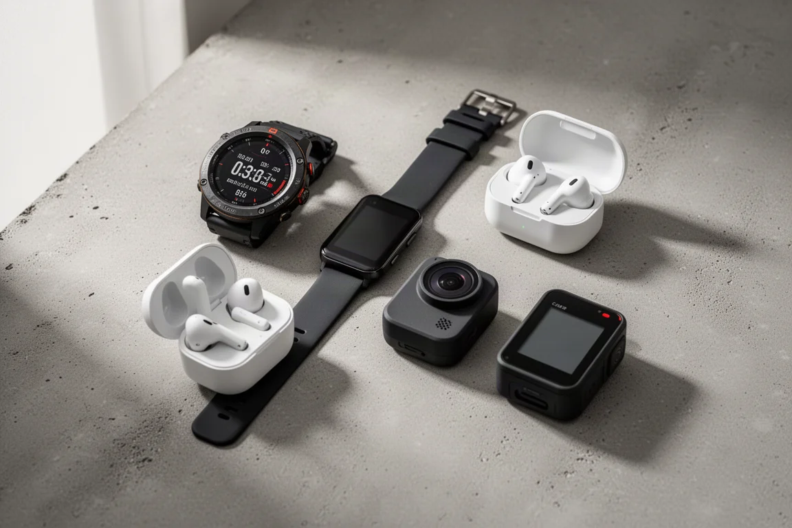 Uitgestrekte sporttech-artikelen, waaronder horloges, oordopjes, een fietscomputer en een actiecamera