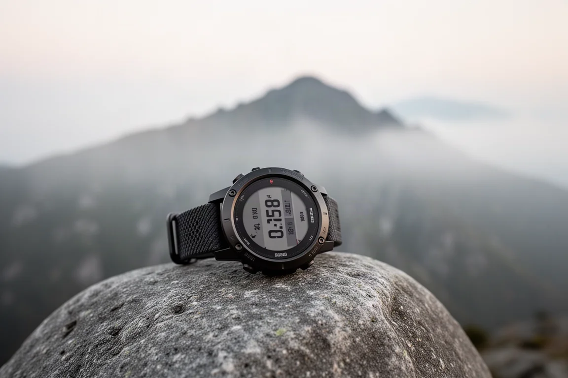 rugged戶外GPS運動手錶放在岩石上,背後是山景