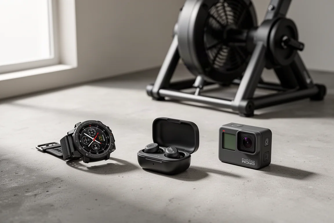 Composizione flat-lay di smartwatch sportivo, auricolari e action camera su cemento