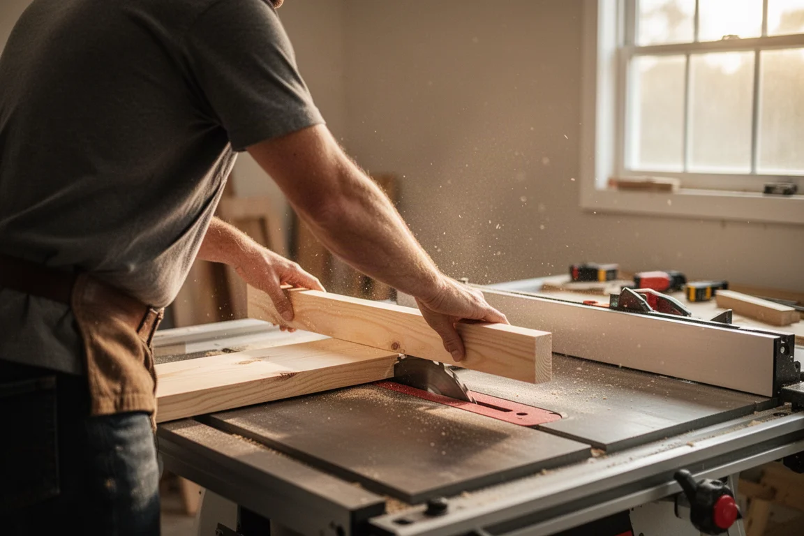 Woodworker pushing a board across a table saw blade in a tidy workshop