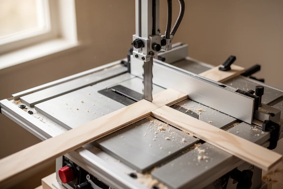 Compact benchtop saw cutting a narrow strip on a small work surface