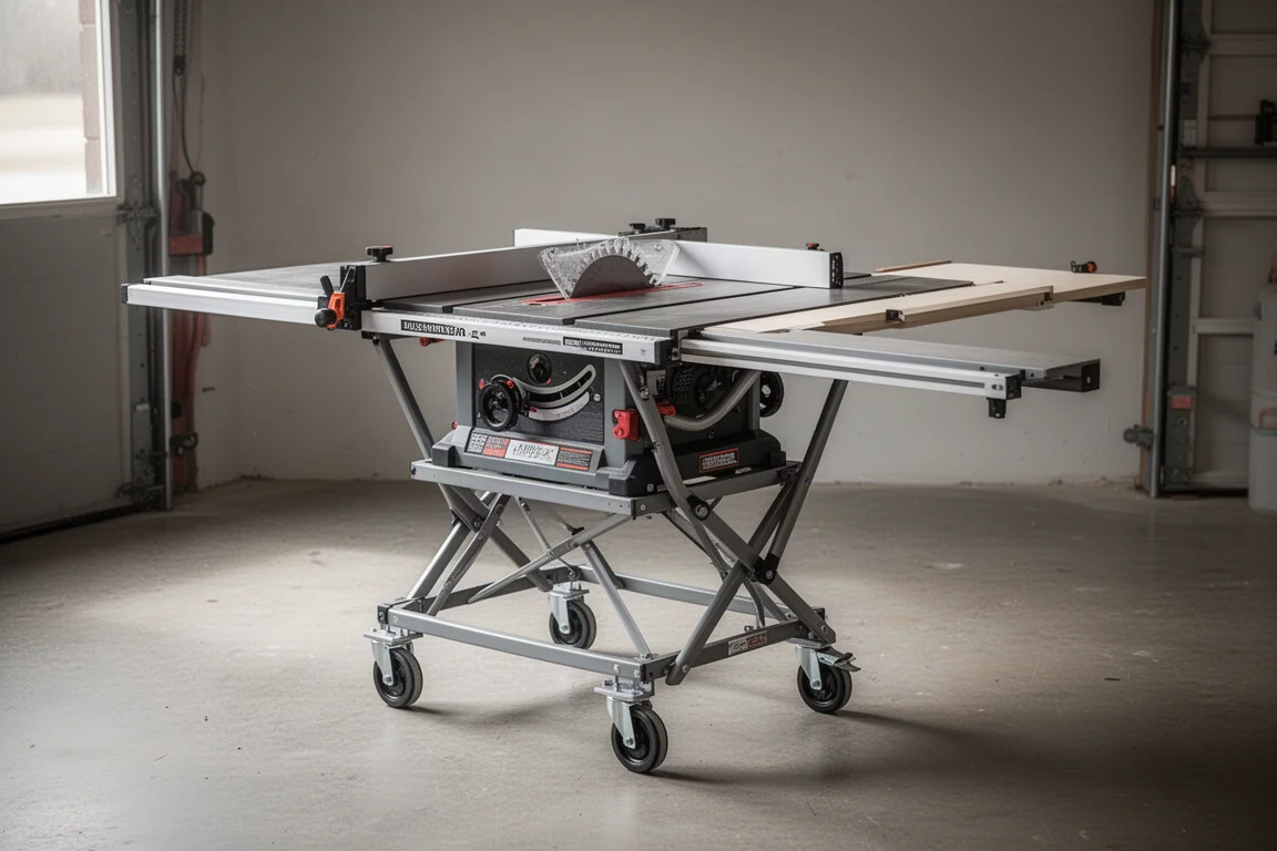 Full-size job site table saw with outfeed support on a folding stand