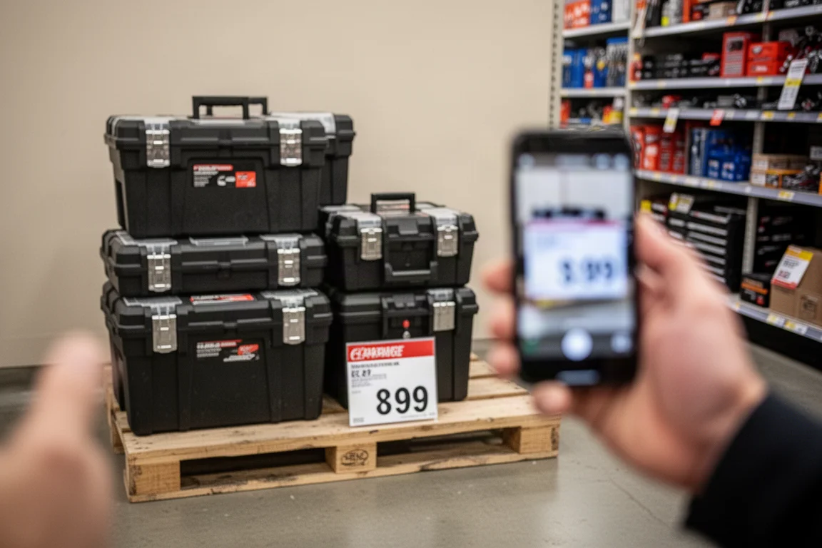 Store aisle scene with stacked saw boxes suggesting a clearance hunt