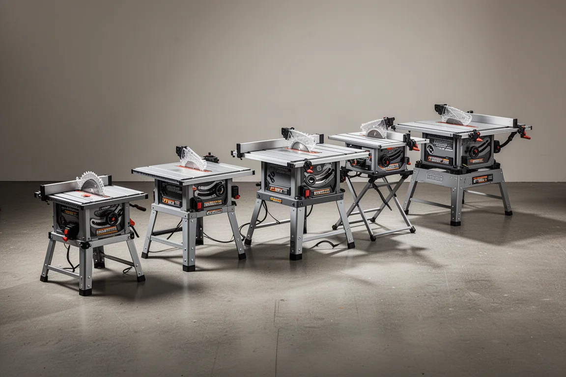 Row of portable table saws of varying sizes on a concrete workshop floor
