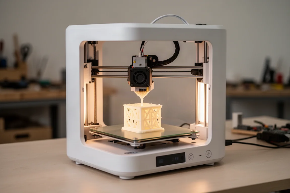 Impresora 3D imprimiendo activamente un objeto pequeño bajo una luz suave de taller