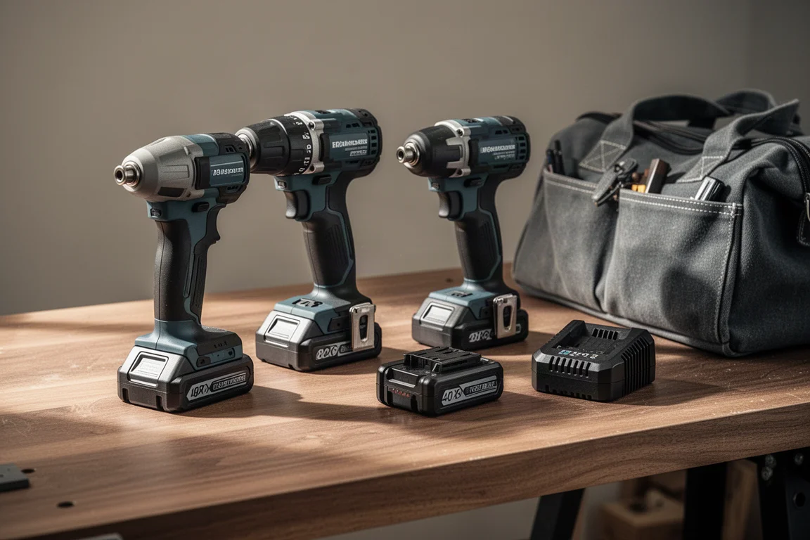 Compact cordless ratchet resting on a car fender during light mechanical work