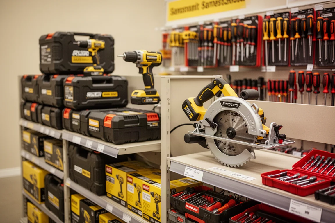 Hardware store seasonal tool display with cordless tool kits and hand tool sets