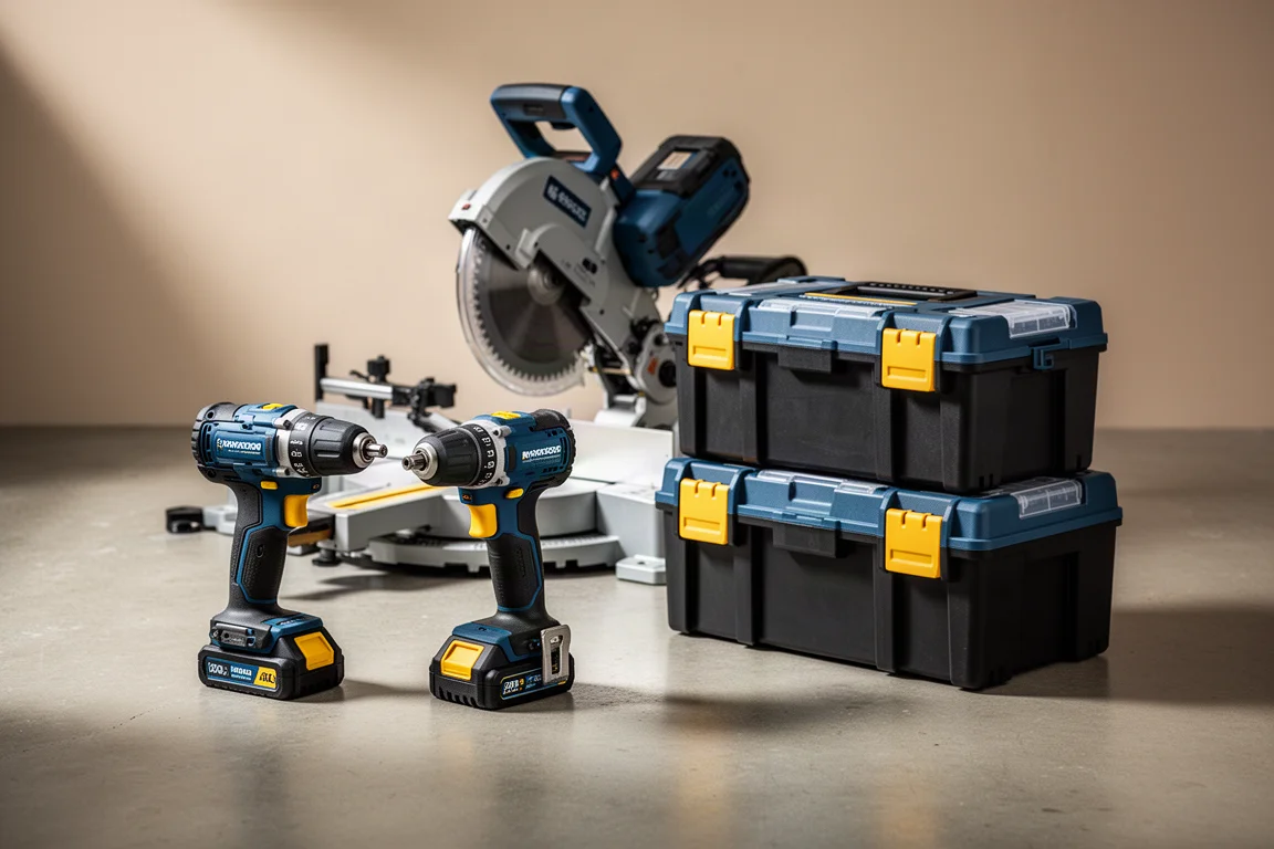 Lineup of cordless power tools, miter saw, and stacked tool storage boxes on concrete