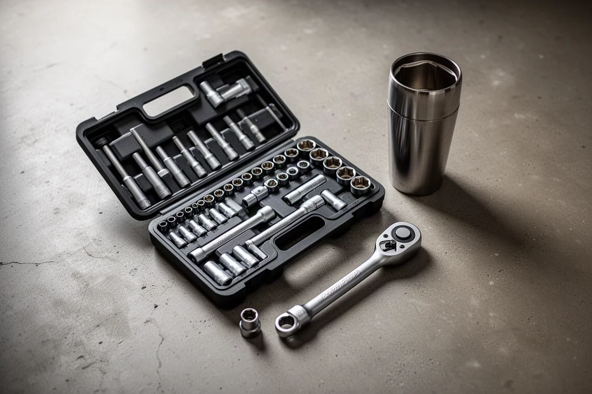Établi couvert d'outils à main et de jeux de douilles sous une lumière chaude d'atelier