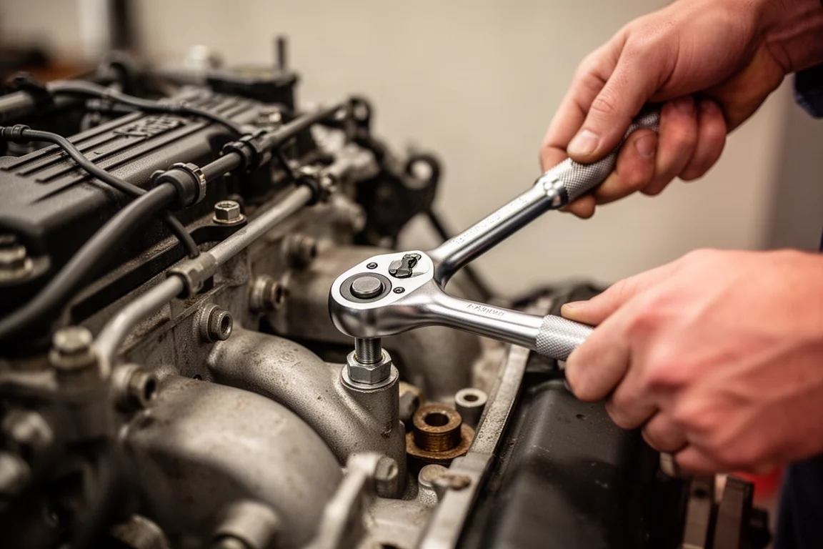 Mécanicien utilisant une clé à cliquet à tête flexible sur un fixateur dans un compartiment moteur exigu