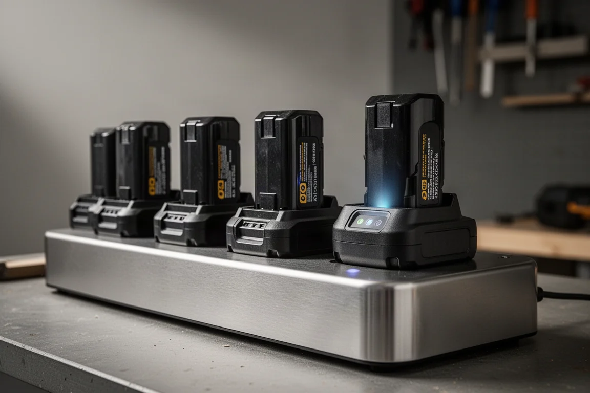 Rangée de batteries d'outils sans fil en charge sur l'établi d'un atelier
