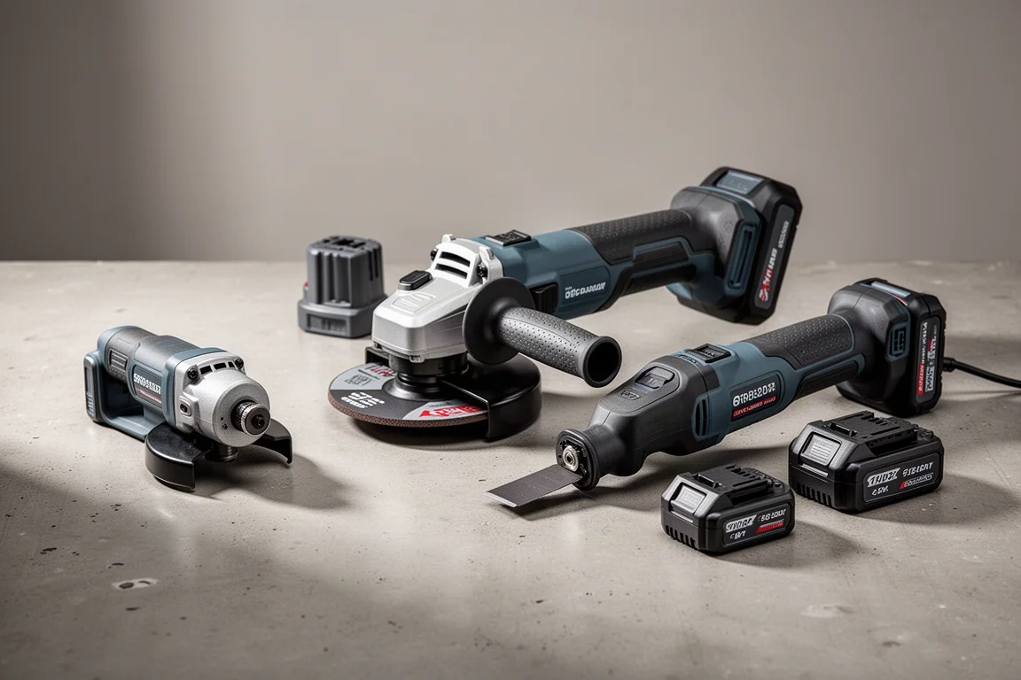 Collection of cordless power tools and batteries on a concrete workshop surface