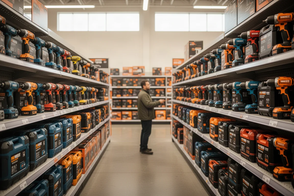 Shopper browsing a power tool aisle stacked with cordless kits