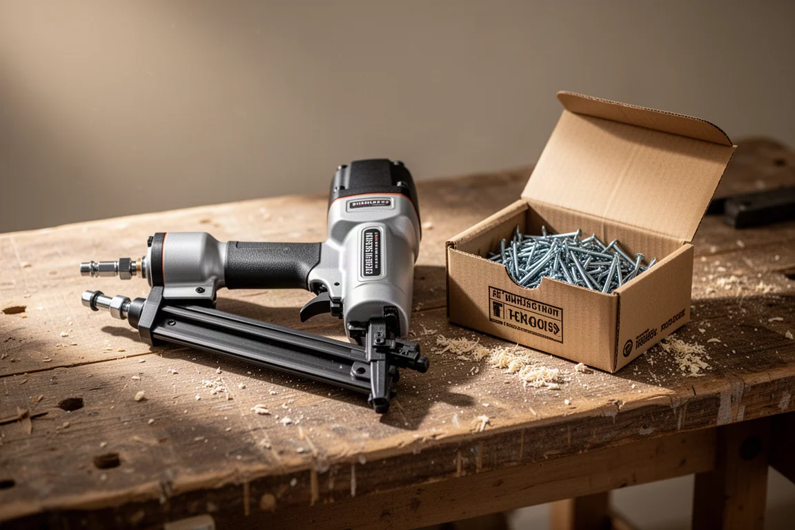 Finish nailer and a box of nails resting on a workbench