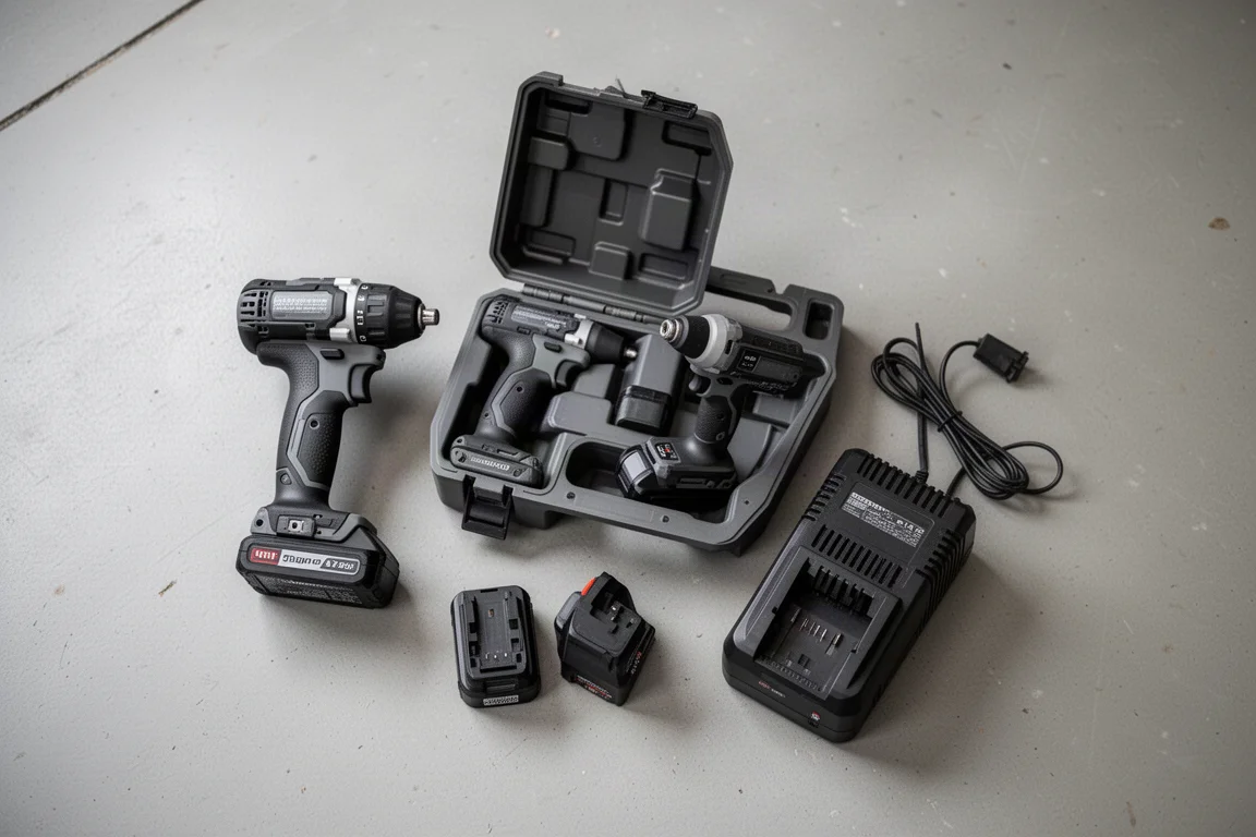 Cordless drill and impact driver kit laid out on a garage floor