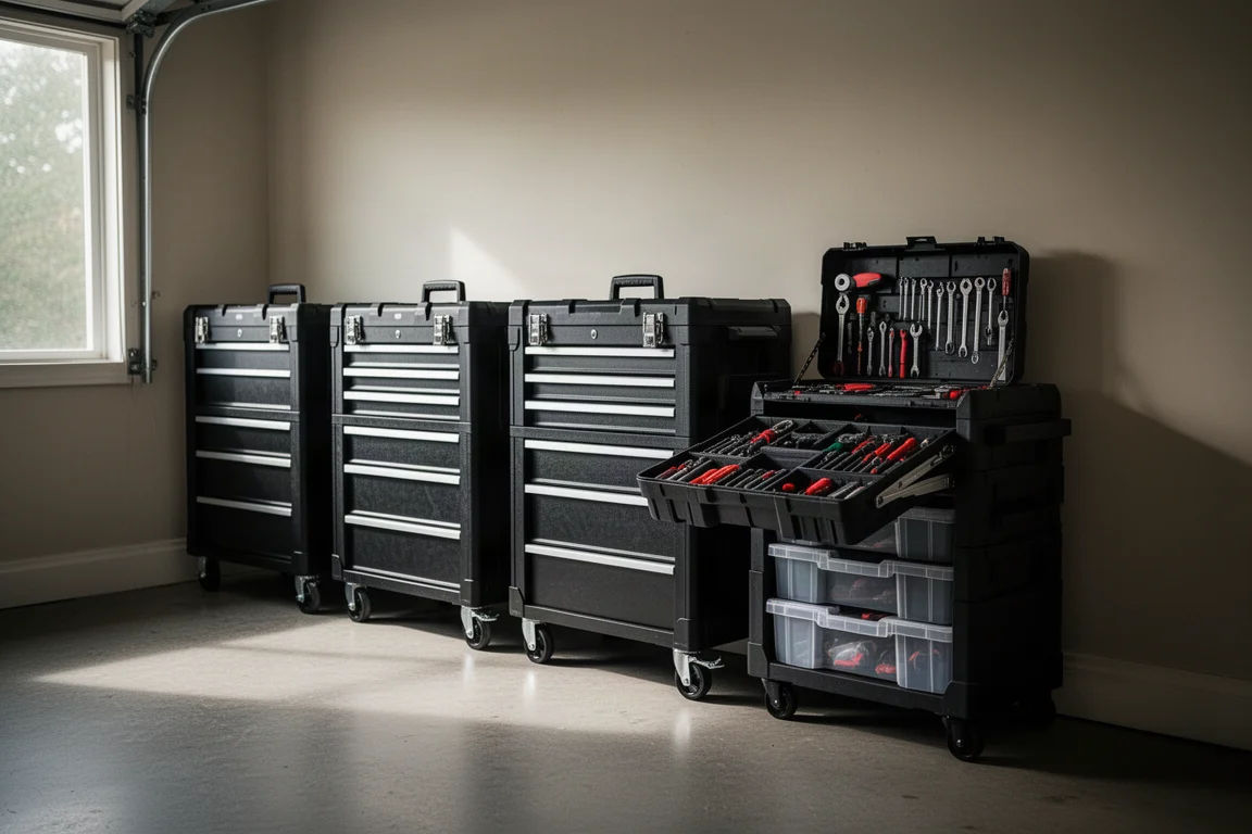 Rolling tool storage boxes lined up against a garage wall