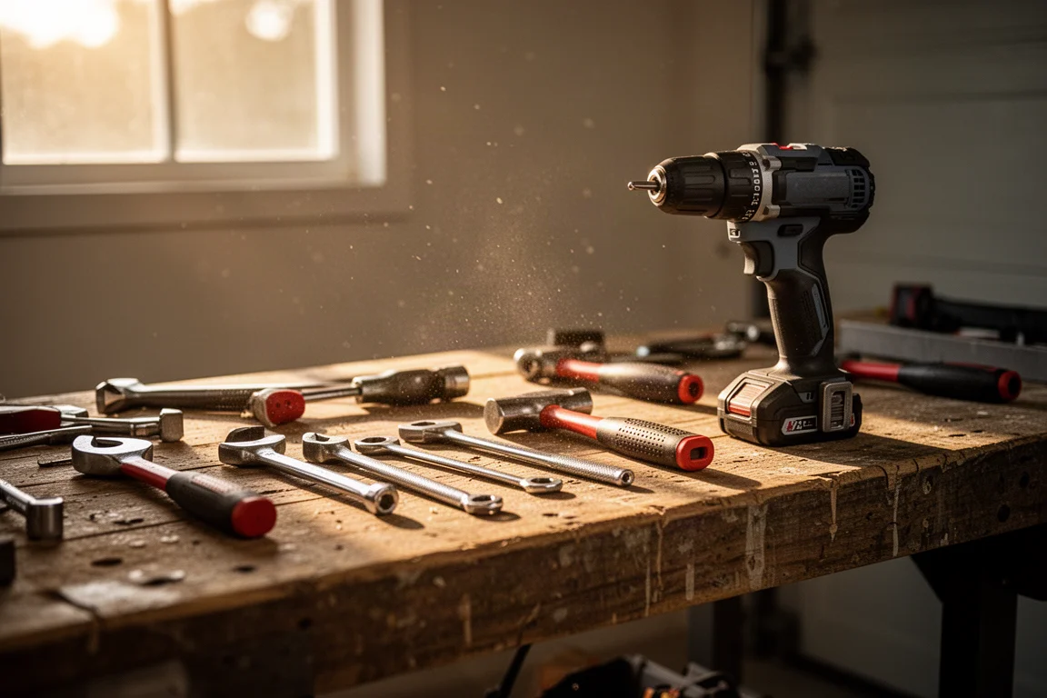 Plan de travail de garage avec des outils disposés sous une lumière du soir chaleureuse