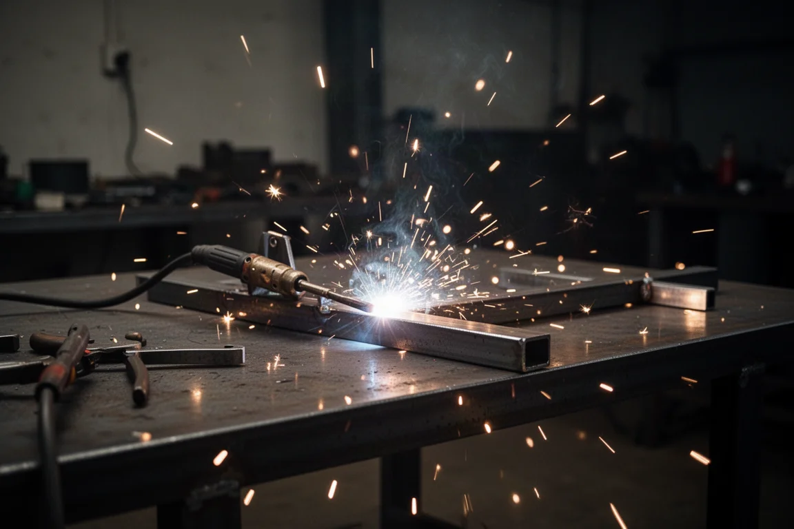 Étincelles jaillissant d'un projet de soudage sur une table de travail en acier