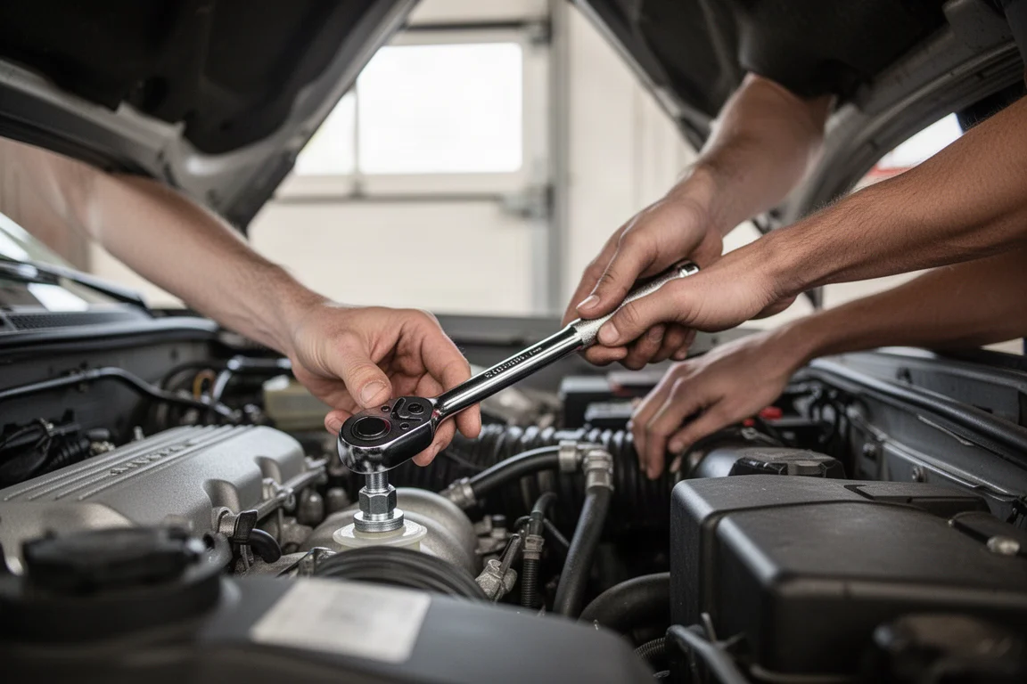 Mécanicien utilisant une cliquette sur le moteur d'une voiture dans un garage domestique propre