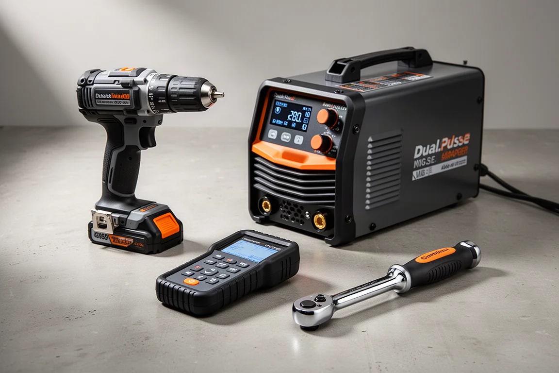 Assorted tools including a drill, welder, scanner, and ratchet arranged on a concrete surface
