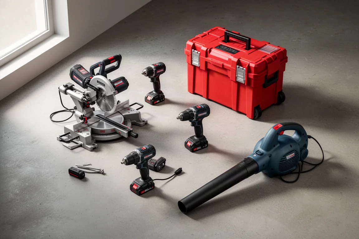 Flat-lay of miter saw, impact driver, drill, storage box, and leaf blower on concrete