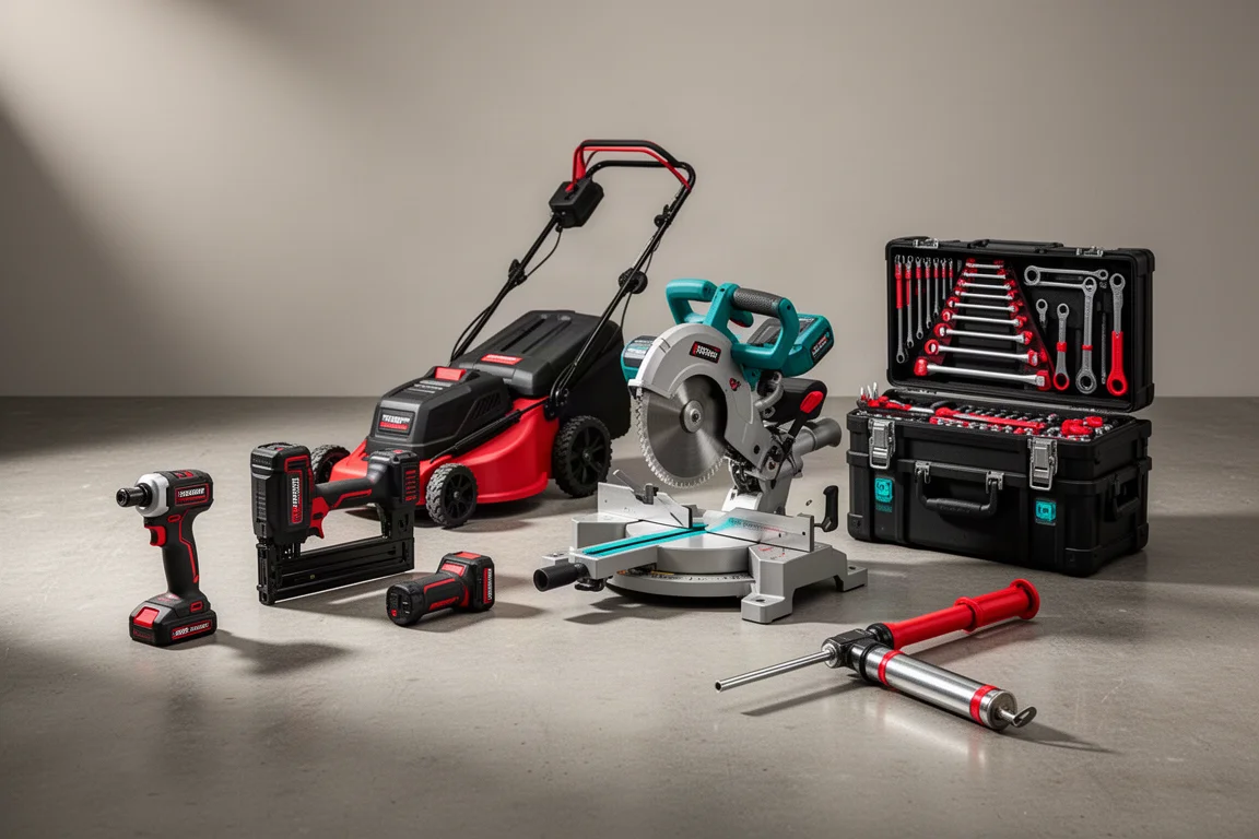 Lineup of power tools including a mower, miter saw, ratchet, and tool set on concrete