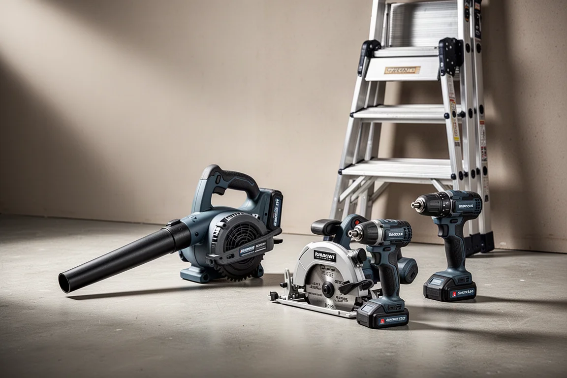 Assortment of cordless power tools and a folded ladder in a clean workshop scene