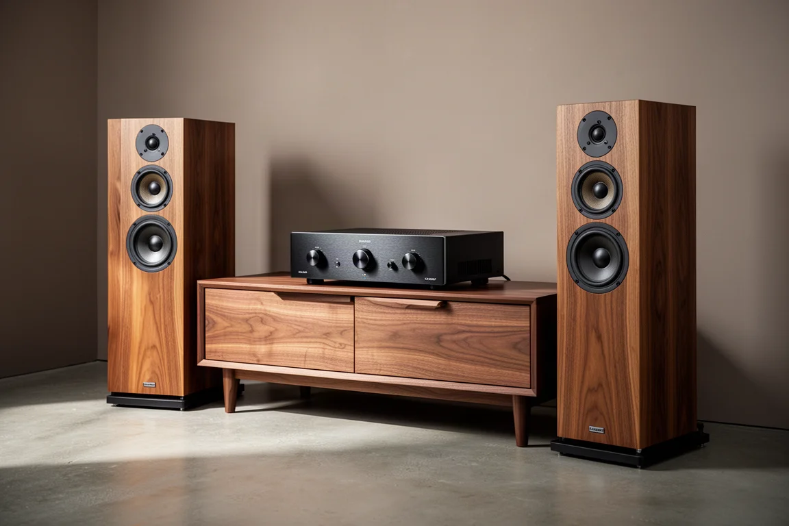 Black hi-fi preamp and wood veneer speakers in a minimal listening room