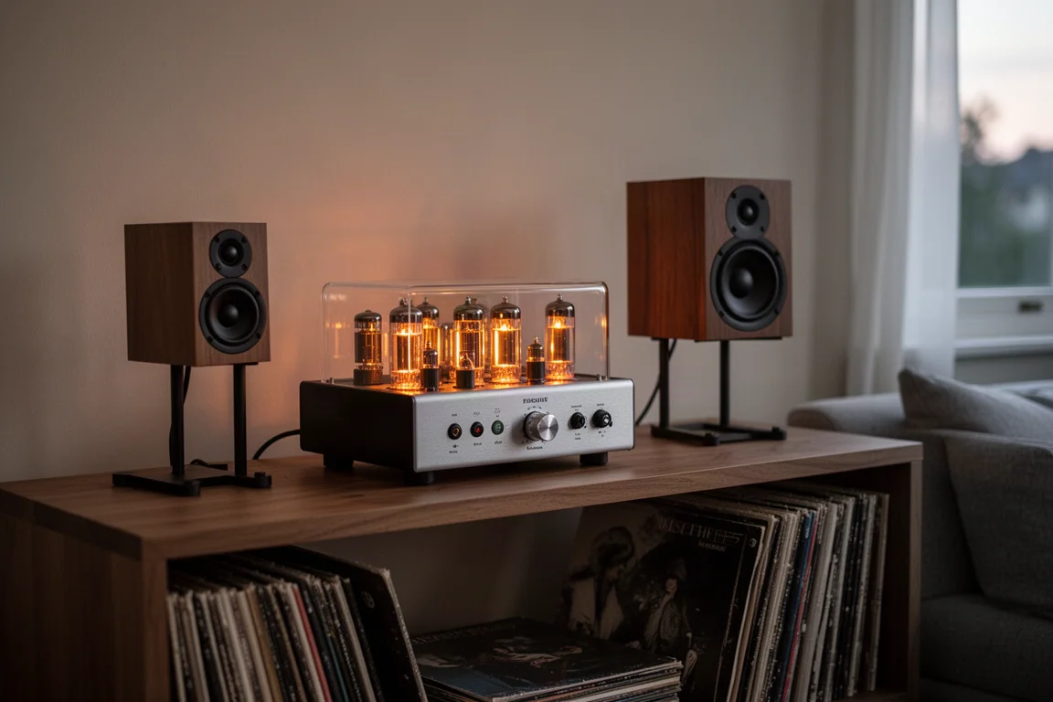 Petite chaîne hi-fi avec un amplificateur à tubes luisant sur une étagère en bois dans un salon