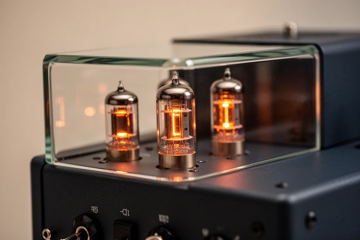 Gros plan sur des tubes à vide incandescents vus à travers un capot d'amplificateur en verre transparent