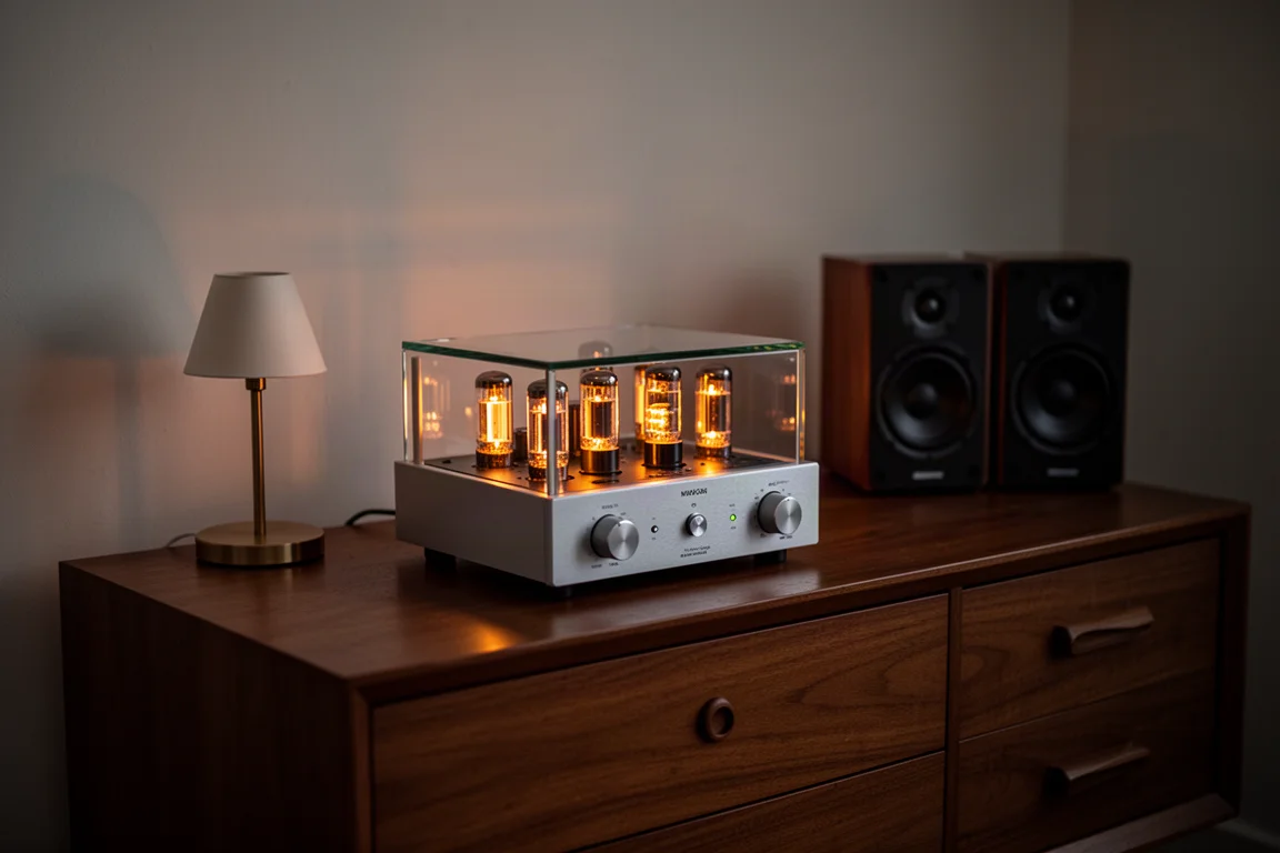 Amplificateur compact sur un buffet dans une pièce sombre au crépuscule avec la lumière chaude d'une lampe