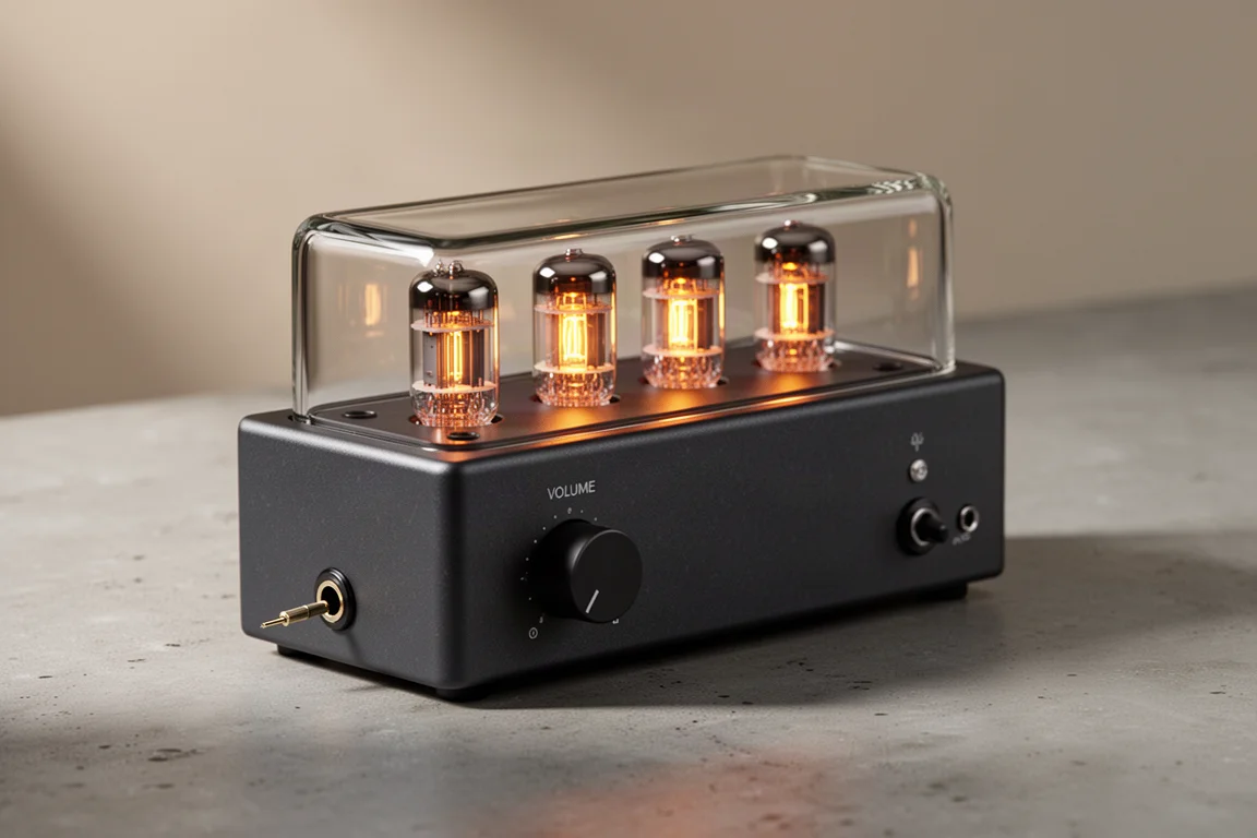 Compact tube amplifier with a glass enclosure showing glowing vacuum tubes on a concrete surface