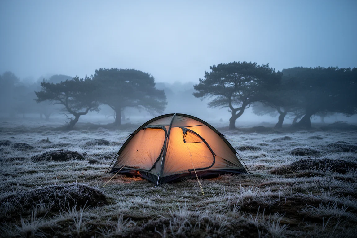 Winterkampeerplaats in de schemering met een verlichte tent, rijp op het gras en mist tussen de bomen