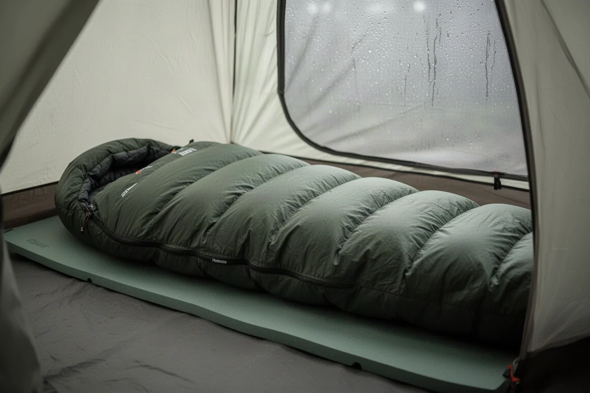 Opgeschudde schotten van een mummie-donslaapzak op een slaapmat in een tent