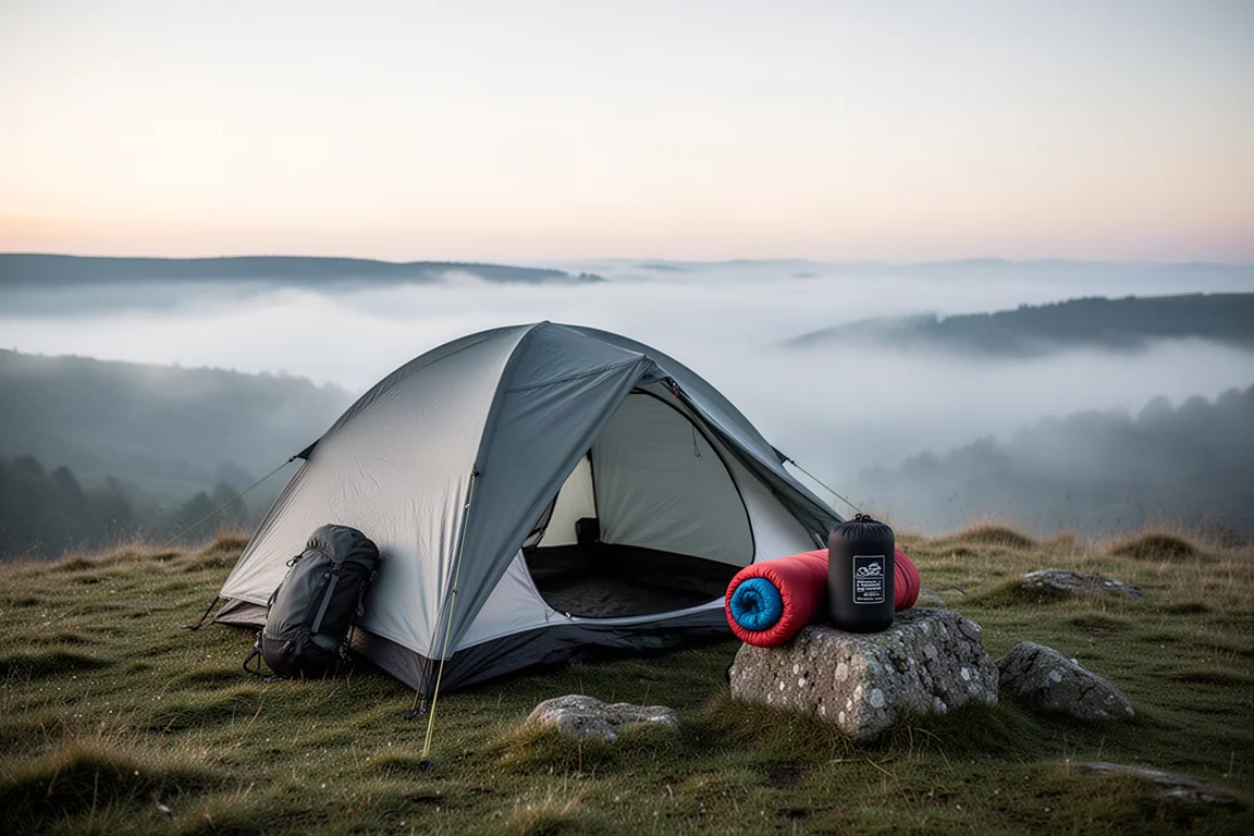 Wildkampeerplek bij zonsopgang met tent op de bergkam, mist en ingepakte spullen buiten