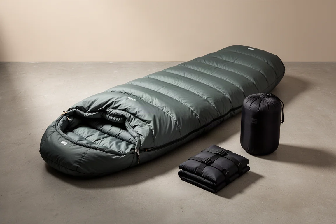 Lofted mummy down sleeping bag with stuff sack and compression sack on concrete