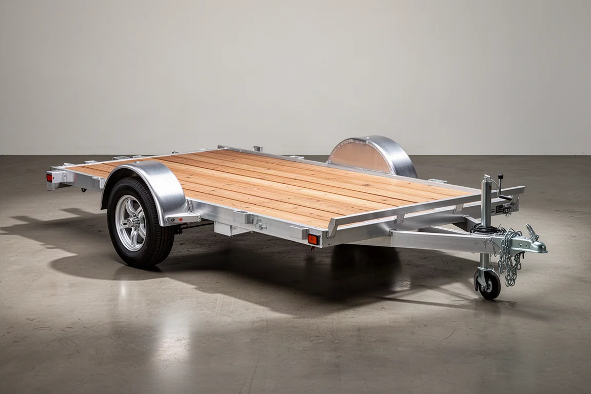 Polished aluminum car hauler trailer with wood deck and aluminum wheels