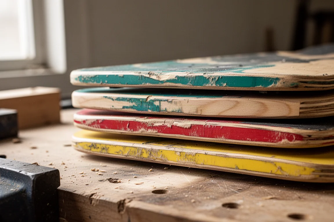 Layers of colorful recycled skateboard wood arranged on a workshop table