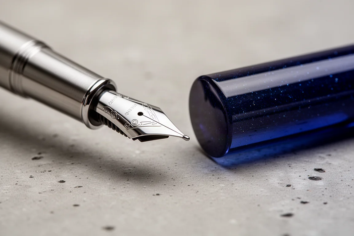 A fountain pen nib and sparkling blue resin section in close-up detail