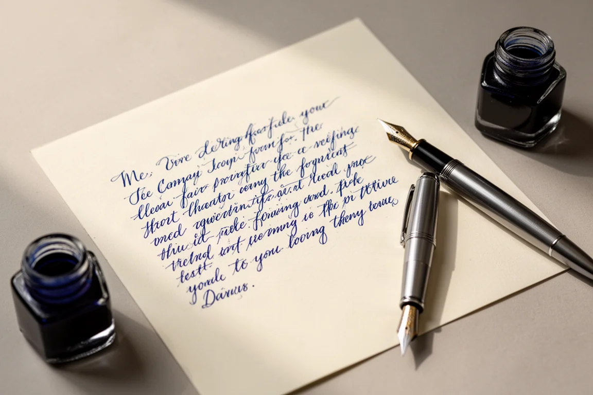A handwritten writing sample on cream paper with a broad nib fountain pen