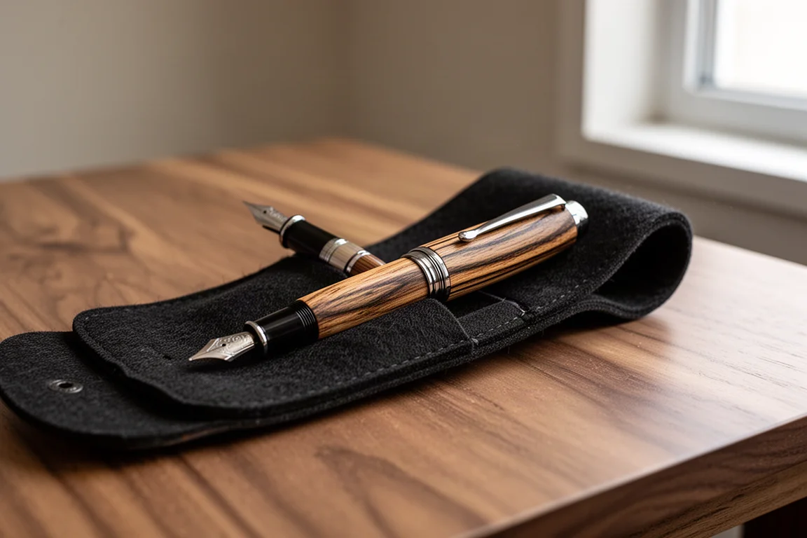 A fountain pen resting in a black felt sleeve on a wooden desk