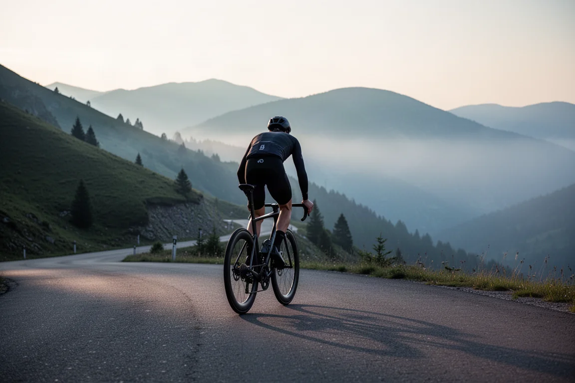 Wielrenner beklimt een bergpas bij zonsopgang