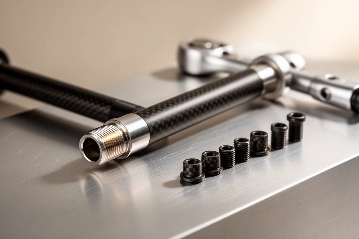 Kaal carbon racefietsframe hangend aan een weegschaal in een werkplaats