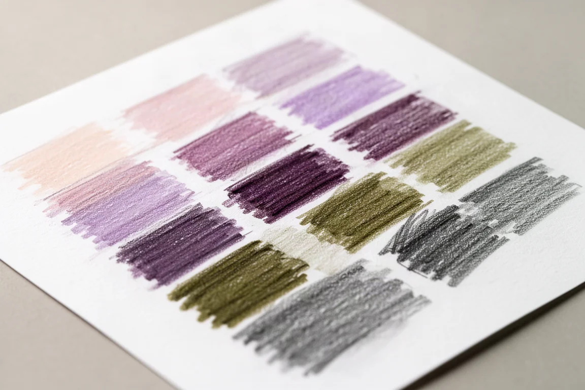 Handgefertigte Farbmusterkarte mit einer breiten Palette an Buntstiftfarbtönen