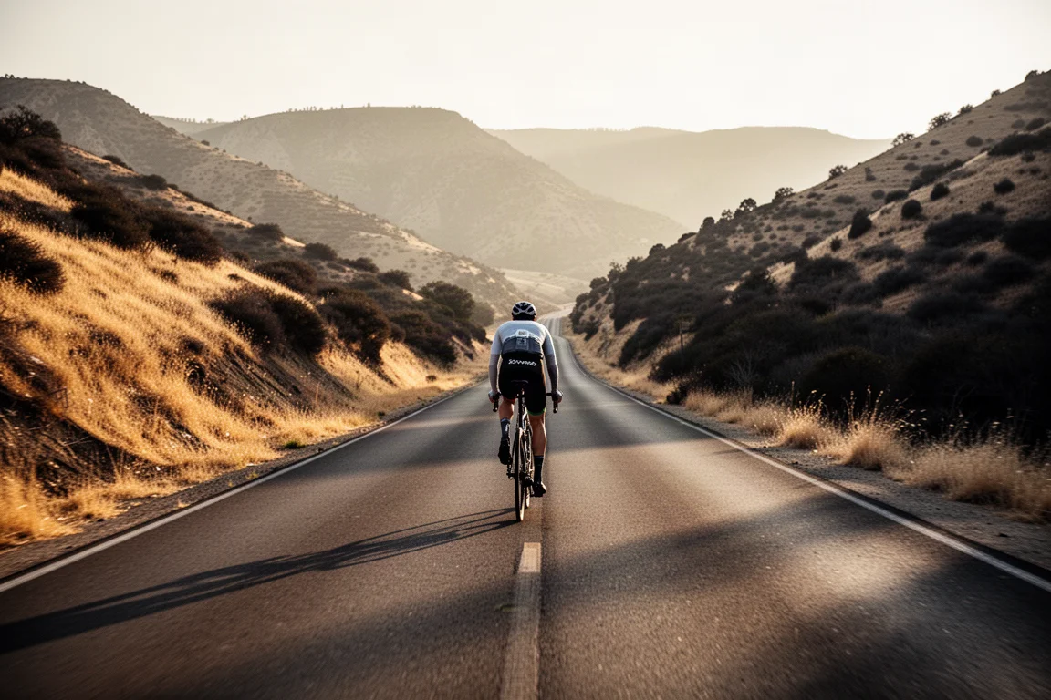 Road cyclist climbing a dry canyon road at golden hour with hills behind